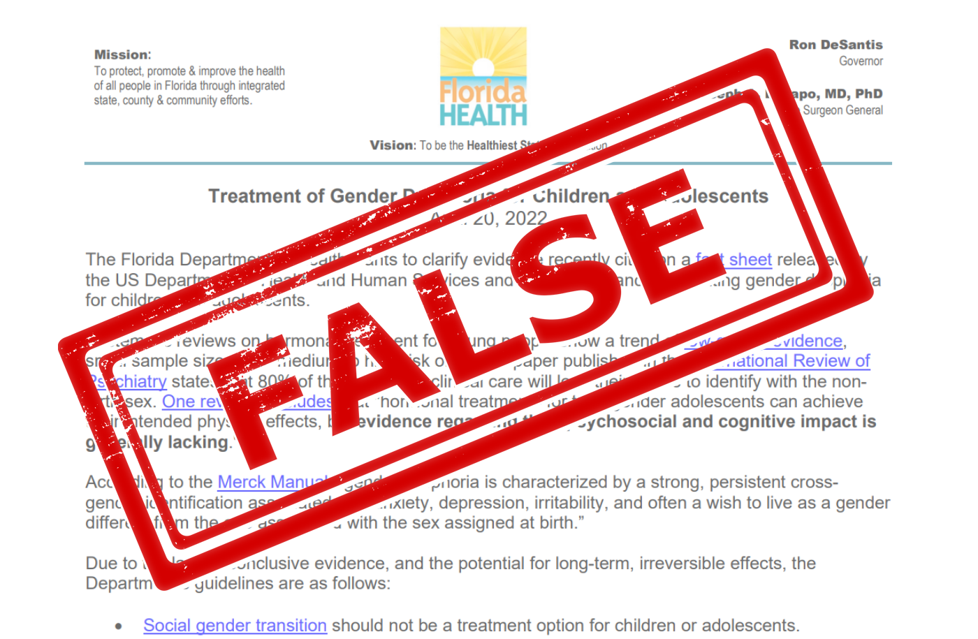 Florida Department Of Health Guidance Against Transgender Youth Healthcare Contains False