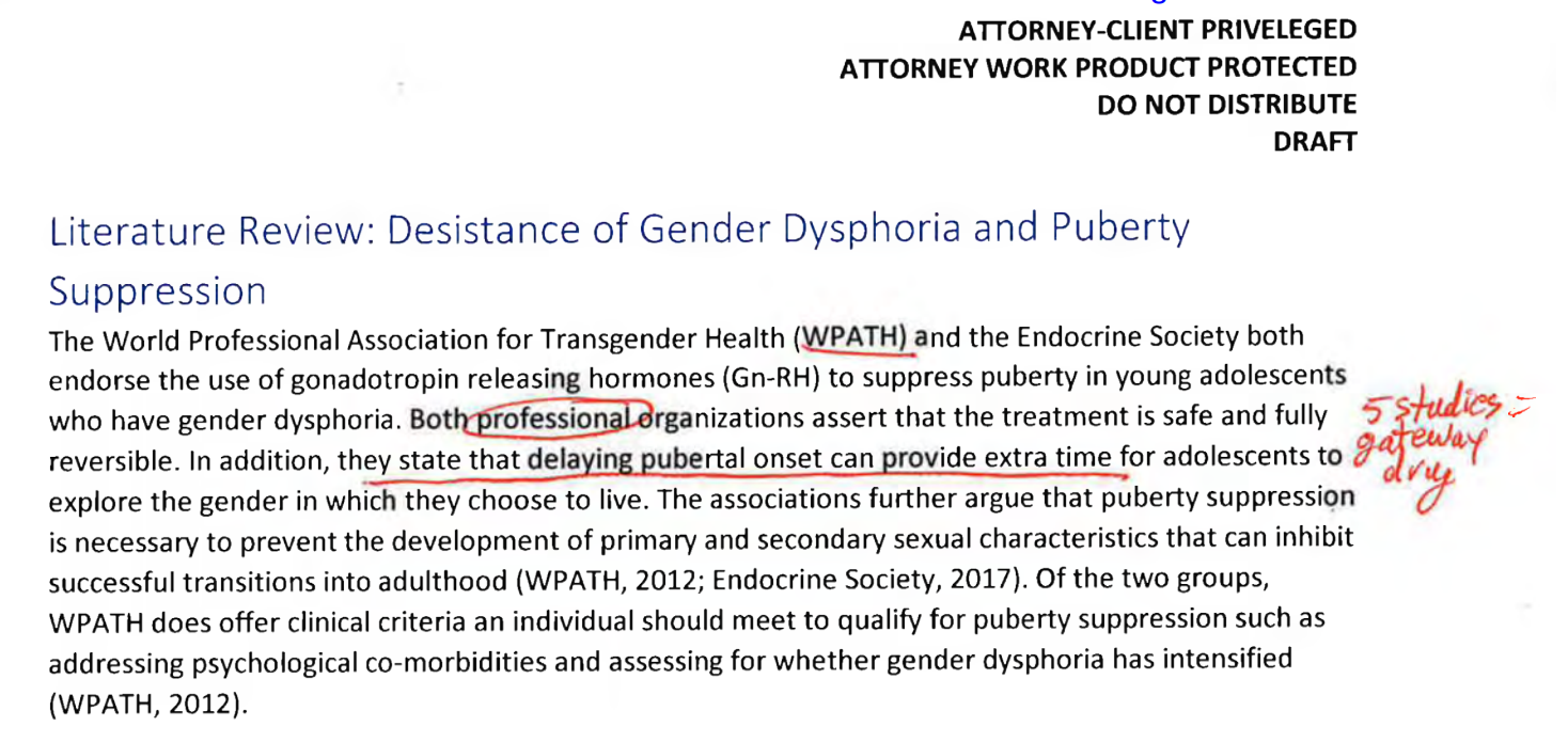 Plaintiffs’ trial exhibit 282. Draft GAPMS determination on gender affirming surgery (with handwritten notes), May 2022. Phrase underlined in red: ‘they state that delaying pubertal onset can provide extra time’. Handwritten margin note in red: ‘5 studies = gateway drug’.